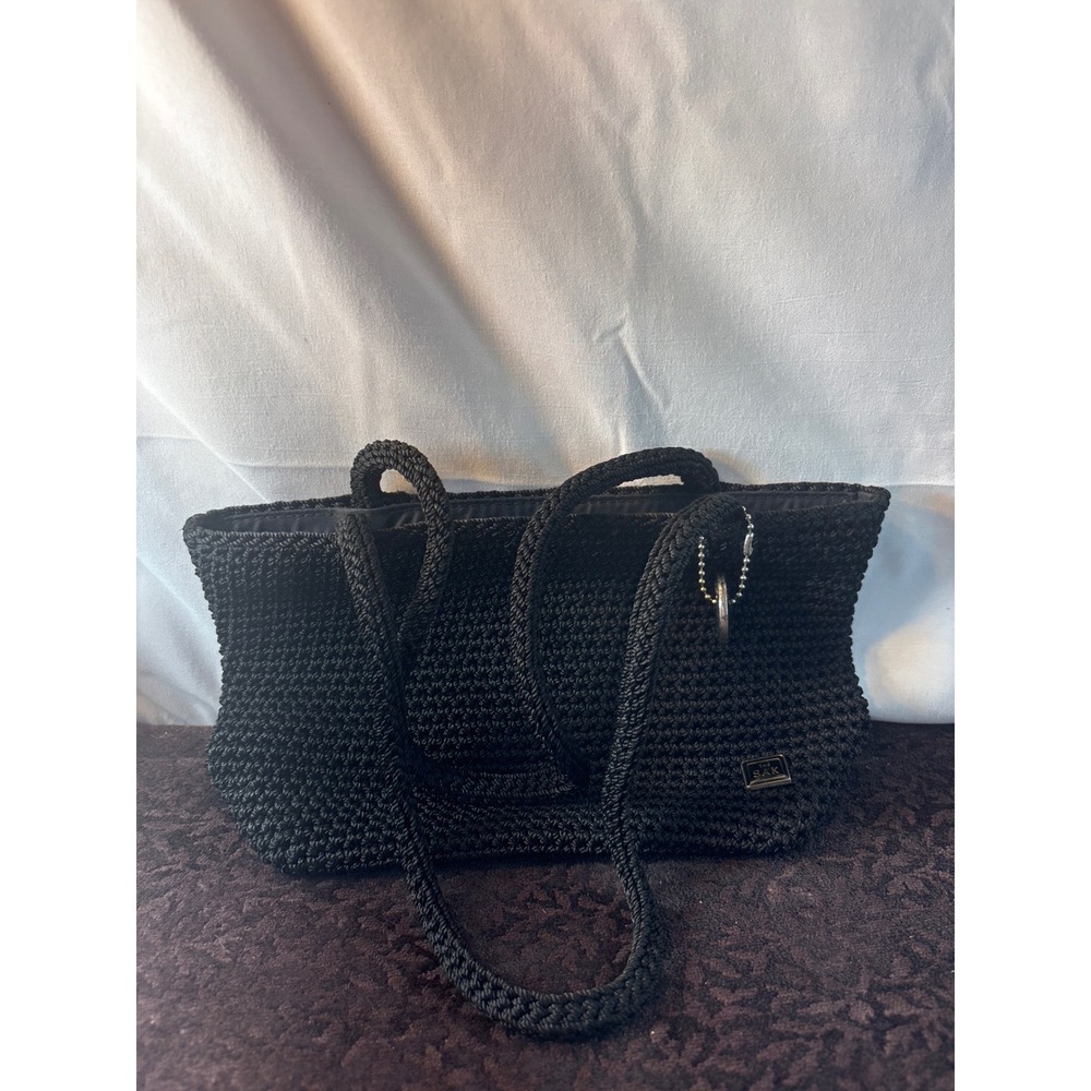 The Sak Black Crochet Shoulder Bag Zip Top Tote Purse Handbag
